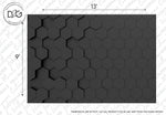 A monochrome image showcasing a modern interior design with an arrangement of dark Black Hexagons 3D Wallpaper Mural, covering an area marked as 13' x 9'. The text notes that actual product color may vary from Decor2Go Wallpaper Mural.