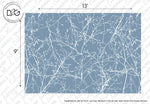 A Decor2Go Wallpaper Mural is shown featuring white silhouettes of tree branches against a blue background, evoking the serene beauty of the winter season. The dimensions are marked as 13 feet in width and 9 feet in height. The image has a watermark with logos and text in the background.