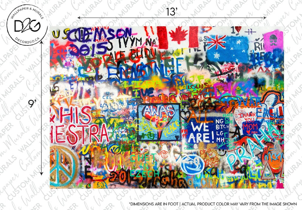 Colorful graffiti wallpaper covered with diverse paintings, text, and symbols including peace signs, national flags, and expressive slogans in various artistic colors and styles by Decor2Go Wallpaper Mural's Creative Freedom Wallpaper Mural.