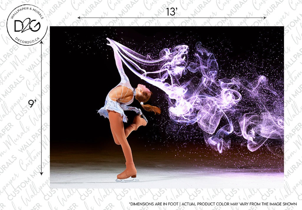 A female ballet dancer performs a graceful backbend while holding a dynamic purple smoke effect, wearing a skirt and top, against a dark background in the Figure Skater Wallpaper Mural by Decor2Go Wallpaper Mural.