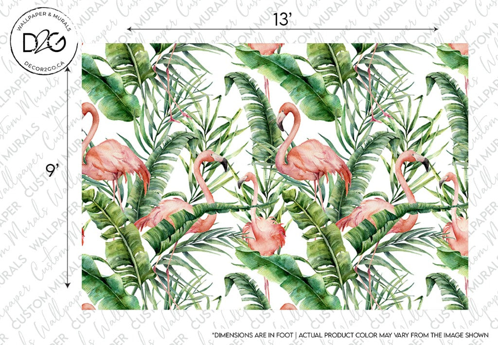 Seamless Flamingos and Tropical Leaves Wallpaper Mural featuring pink flamingos amongst lush green palm fronds and broadleaf plants, presented on a textured white background. Tags indicate a 13-foot Decor2Go Wallpaper Mural dimension.