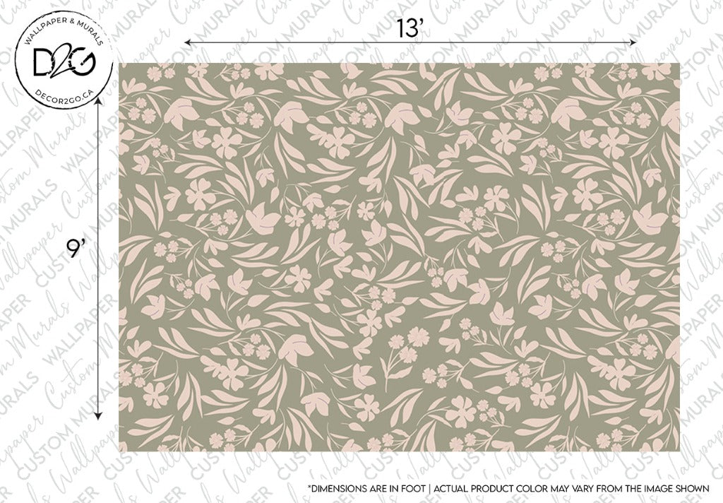 Seamless Floral Bliss Wallpaper Mural sample featuring a green background with a pattern of pink flowers and green leaves. Labeled dimensions indicate 13 inches by 9 inches. Created by Decor2Go Wallpaper Mural.