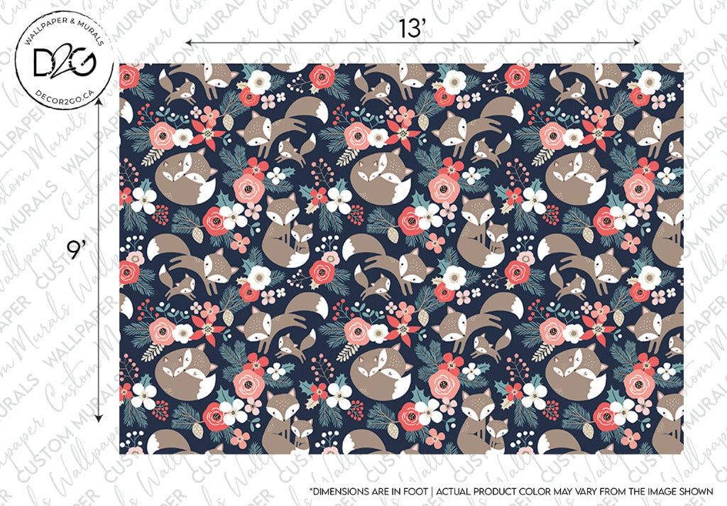 Sentence with replaced product:
Patterned fabric design featuring alternating rows of Foxes and Flowers with floral elements in a color palette of brown, pink, and blue, on a dark background, ideal for child's room wallpaper by Decor2Go Wallpaper Mural.