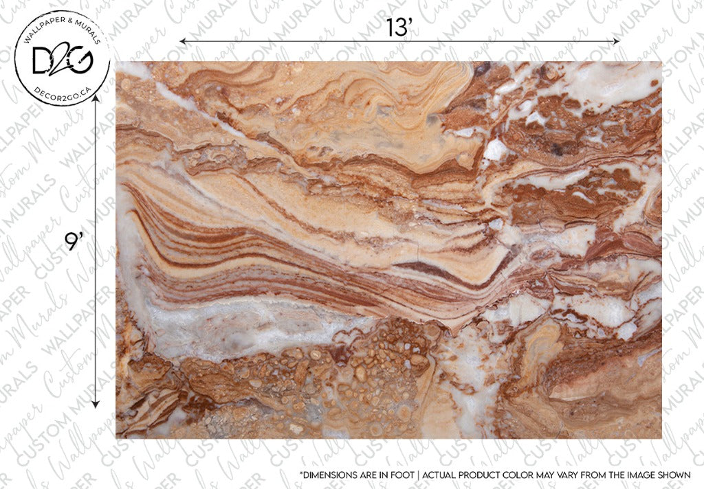 High-resolution image of a Gemstone Diffused Marble Wallpaper Mural from Decor2Go Wallpaper Mural with swirling patterns of brown, cream, and white tones. It includes a dimension scale and a note that actual product color may vary from the image shown. This is