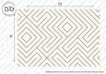 Geometric Maze Wallpaper Mural pattern featuring black lines forming diamond and square shapes on a white background. The dimensions are 13 feet wide by 9 feet tall. "Dimensions are in feet" is noted at the bottom, with brand and design information lightly overlaid. Crafted with premium materials for a modern design aesthetic.
