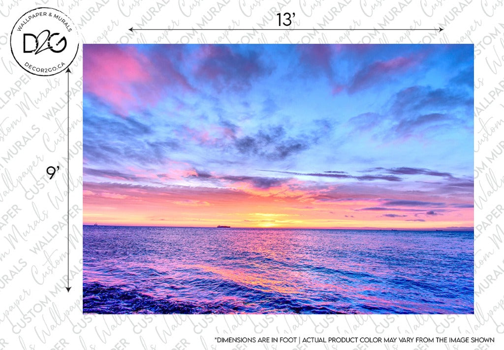 A vibrant sunset over the ocean, featuring a vivid display of pink, purple, and blue hues in the sky, with gentle waves on the water's surface and a distant ship on the horizon. This Heaven on Earth Wallpaper Mural by Decor2Go Wallpaper Mural.