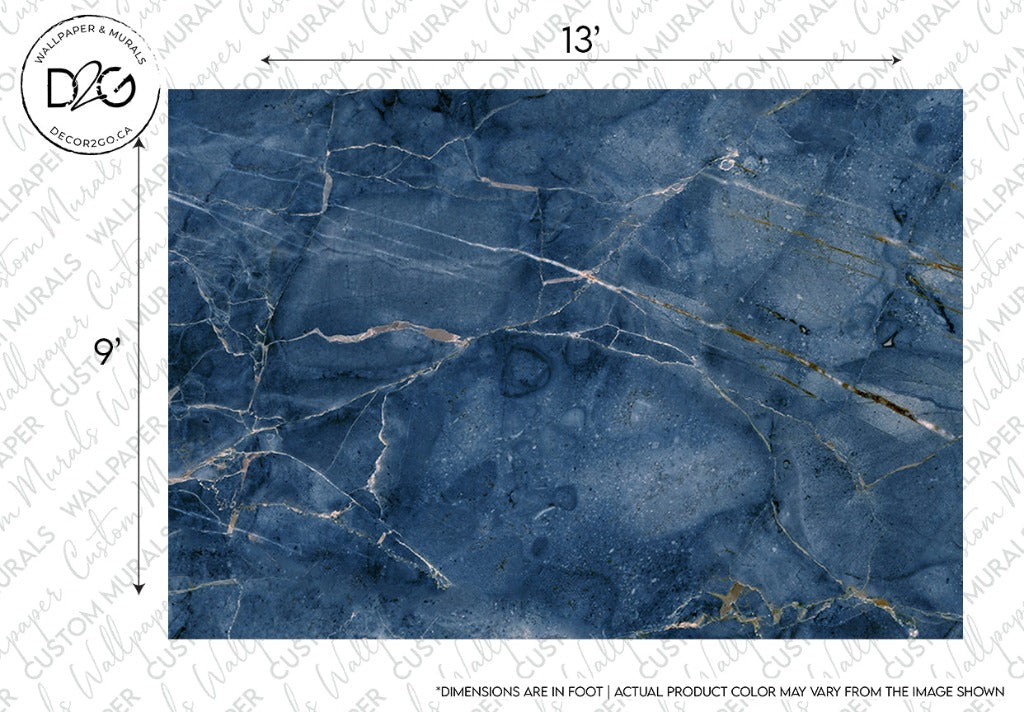 High-resolution image of a blue marble surface, perfect for an Icy Glacier Wallpaper Mural feature wall, showing intricate natural white and gold veins and patterns, with a watermark noting "dimensions are in foot" from Decor2Go Wallpaper Mural.
