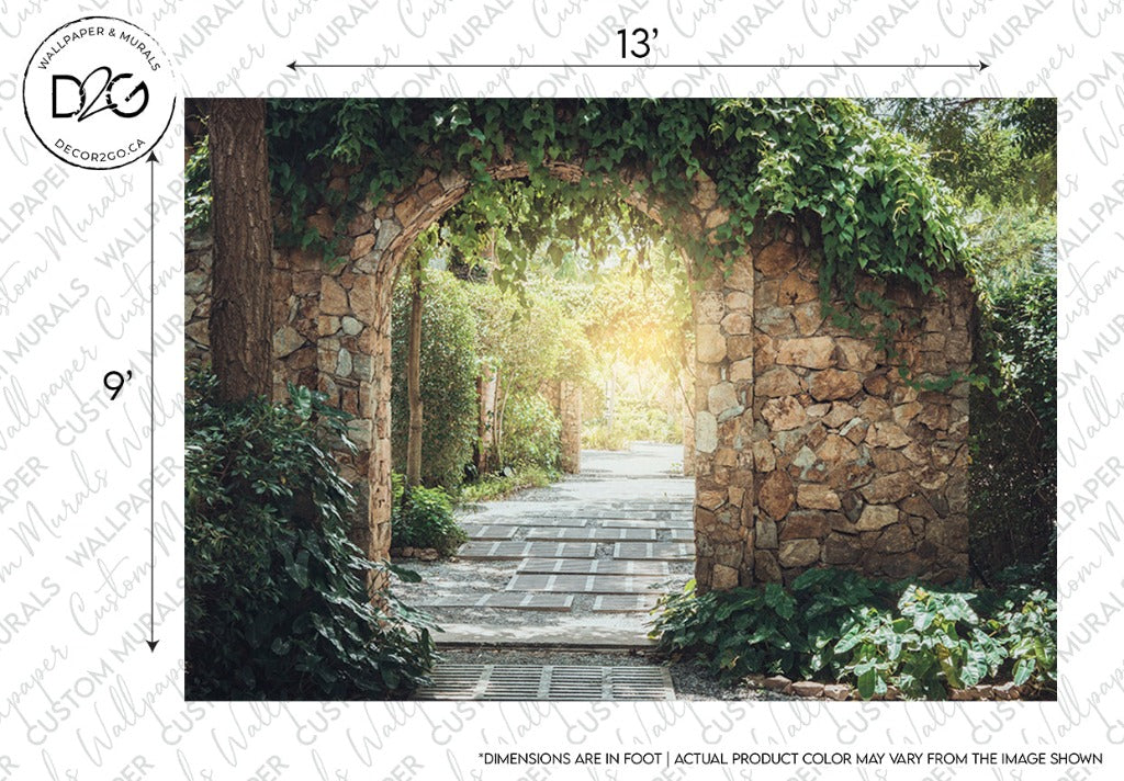 An archway made of rustic stone with lush green vines and leaves enveloping it, leading to a sunlit pathway flanked by trees. This image showcases the "Magical Trail Wallpaper Mural" by Decor2Go Wallpaper Mural.