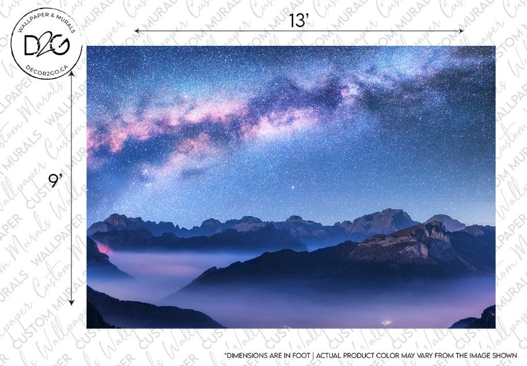 A breathtaking Decor2Go Wallpaper Mural displaying a starry night sky with the Milky Way visible above a silhouette of mountain peaks and a layer of clouds, perfect as bedrooms decor.