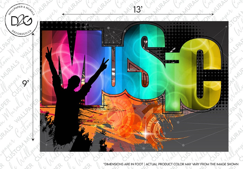 A vibrant and colorful graphic of the word "Music Mania" in bold, stylized letters with a silhouette of a person with raised arms in the foreground, conveying a sense of enjoyment and freedom is featured on the Decor2Go Wallpaper Mural.