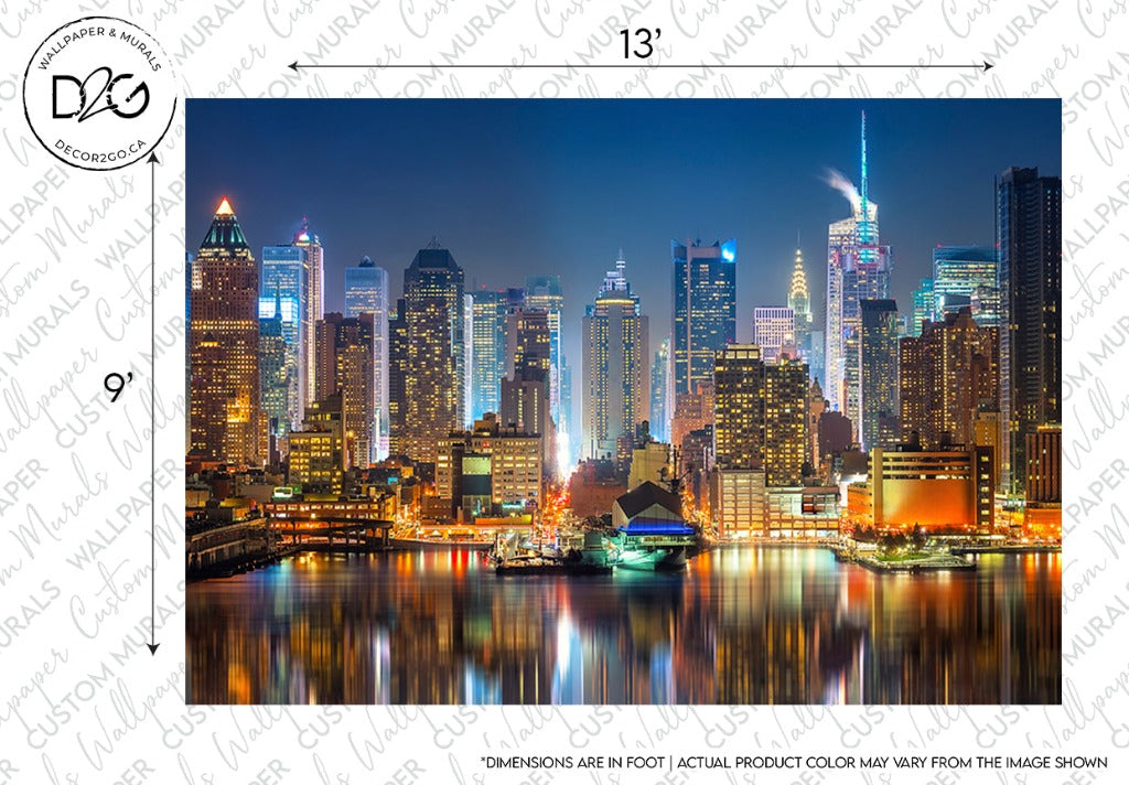 Nighttime view of the Decor2Go Wallpaper Mural featuring illuminated skyscrapers and a reflection on the water, with a label indicating the NYC Skyline Wallpaper Mural size and color notice.