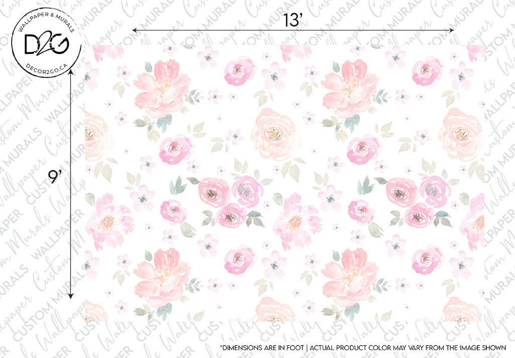 A Nature’s Breath Wallpaper Mural featuring a repeating pattern of soft pink and peach roses with green foliage against a white background, watermarked by the 'Decor2Go Wallpaper Mural' logo.