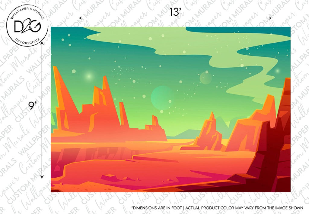 Illustrative graphic art of a colorful, stylized alien landscape with red rocky spires and a greenish sky punctuated by distant planets and stars in the No Man's Sky Wallpaper Mural by Decor2Go Wallpaper Mural.