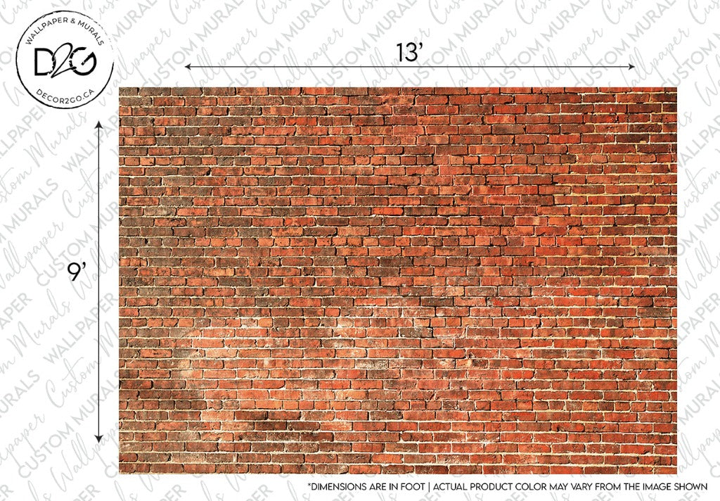A textured wall featuring the rustic elegance of red bricks, measuring 13 feet by 9 feet. The bricks display varying shades of red and orange, with a rough, uneven surface.
new Sentence: An Orange Brick Wallpaper Mural from Decor2Go Wallpaper Mural, measuring 13 feet by 9 feet. The bricks display varying shades of red and orange, with a rough, uneven surface.