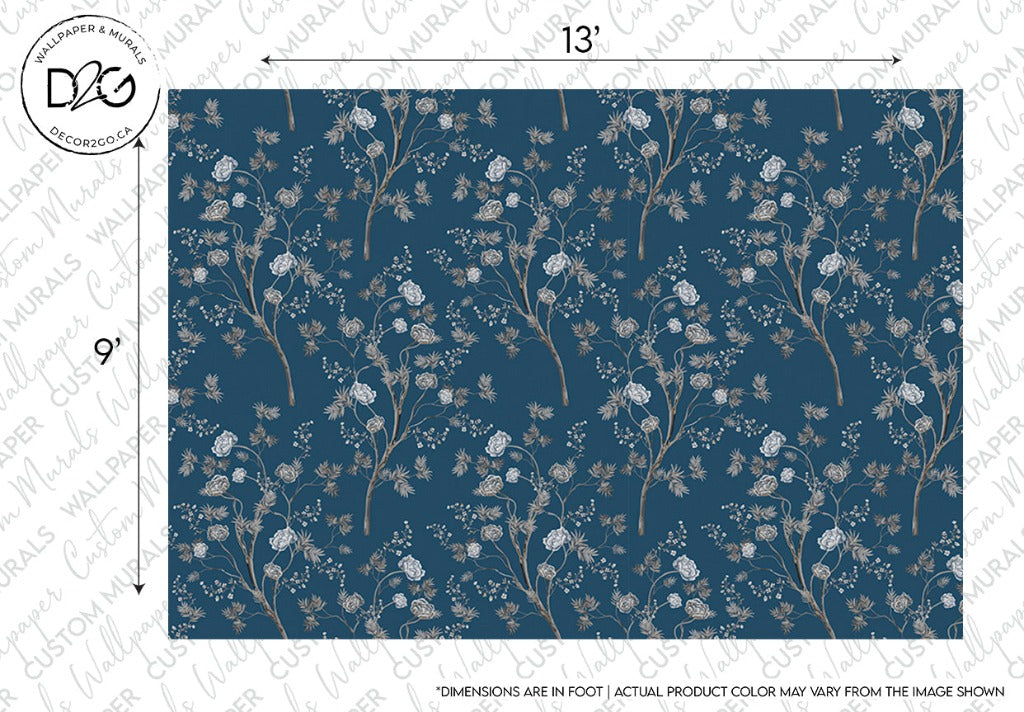A Decor2Go Wallpaper Mural sample featuring an Oriental Garden Wallpaper Mural design with a dark blue background adorned with delicate white cherry blossoms. The design includes measurements and is marked with the Decor2Go Wallpaper Mural logo at the top left corner.