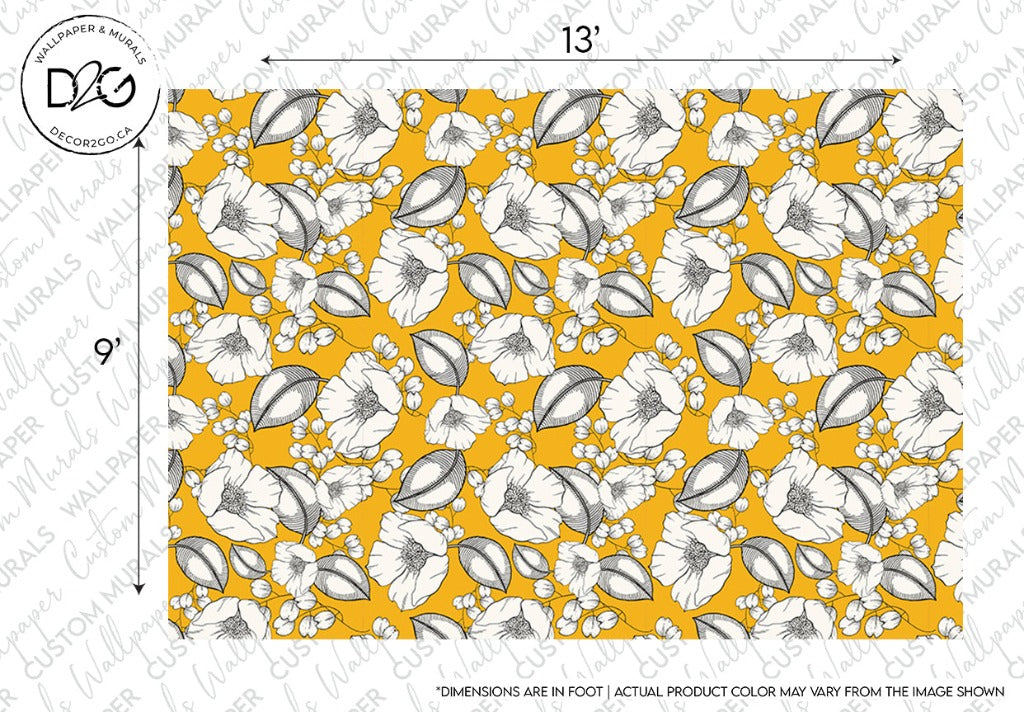 A wall mural measuring 13 feet by 9 feet features a vibrant design of black and white floral illustrations on a yellow background. This Decor2Go Wallpaper Mural Retro Floral Wallpaper Mural offers a vintage look with flowers and leaves arranged in a dense, overlapping pattern, creating a bold and dynamic visual effect.