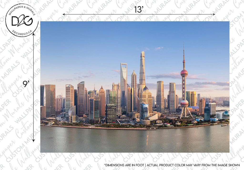A panoramic view of the Shanghai skyline featuring modern skyscrapers and the iconic Oriental Pearl Tower, captured from across the river during a clear day can be captured beautifully with the Decor2Go Shanghai Skyline Wallpaper Mural.