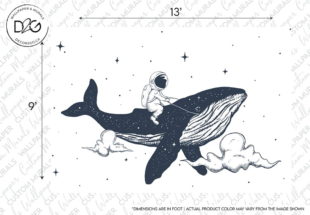Illustration of an astronaut riding a whale through a starry sky with clouds. The whale appears to be soaring, creating a whimsical and surreal atmosphere. The dimensions, 13 feet by 9 feet, are noted in the image, but custom sizing is available for this dream-like Space Whale Wallpaper Mural from Decor2Go Wallpaper Mural.