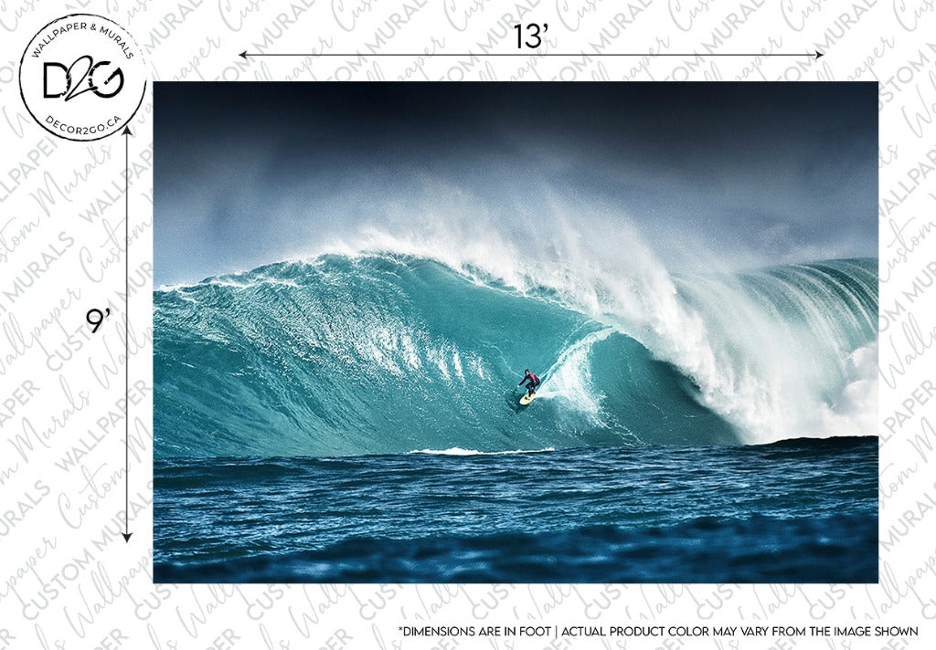A surfer rides a large, powerful blue wave, with spray flying around as they skillfully navigate the crest. The Decor2Go Wallpaper Mural captures the intense energy of the ocean.