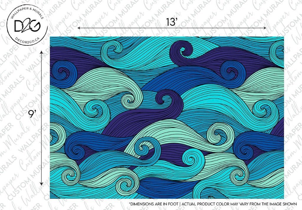 A Swirly Blues Wallpaper Mural measuring 13 feet in width and 9 feet in height features an abstract wave pattern. The playful design showcases swirling waves in shades of blue, turquoise, and purple, creating a dynamic and fluid visual effect with versatile appeal. This exquisite piece is brought to you by Decor2Go Wallpaper Mural.
