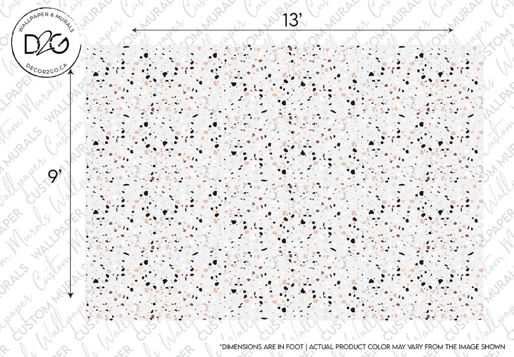 Image displaying a luxurious Terrazzo Wallpaper Mural sample of d26 terrazzo stone from Decor2Go Wallpaper Mural, measuring 13 by 9 inches. The surface features a white base speckled with black, grey, and red particles.