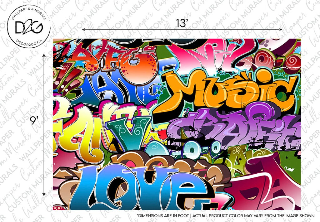 Colorful graffiti-style artwork featuring the words "life," "music," "party," and "love" in bold, stylized letters, set against a vibrant, street art background can be found in the Urban Colors Wallpaper Mural by Decor2Go Wallpaper Mural.