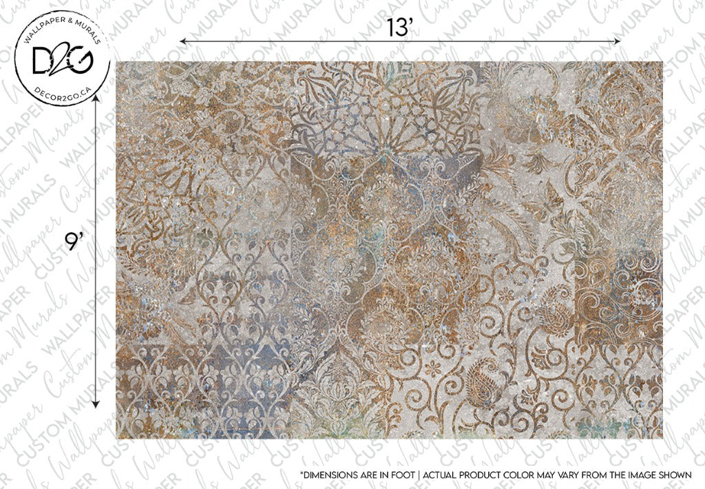 An intricate Decor2Go Ancient Garden Wallpaper Mural featuring a blend of ornate floral and mandala patterns in muted hues of blue, brown, and gray, with a subtle textured finish.