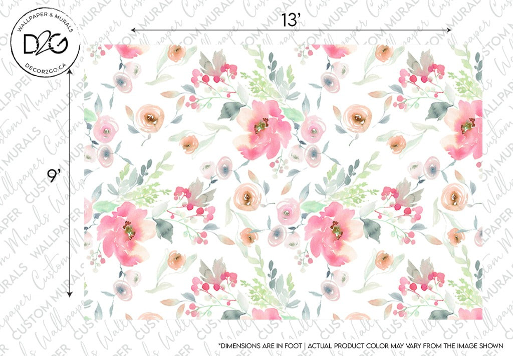 A Decor2Go Wallpaper Mural sample featuring a spring-style floral pattern with pink, peach, and white flowers, green leaves, and small clusters of red berries. The Watercolor Pink Flowers Wallpaper Mural design measures 13 feet wide by 9 feet tall. "Dimensions are in Foot" and other text appear in the margins.