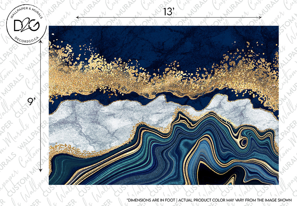 Decor2Go Abstract Wave and Sand Wallpaper Mural featuring a layered design with textured, wavy patterns in a Mediterranean color scheme, accented with gold details that mimic natural minerals or geode slices.