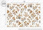 Seamless pattern featuring a variety of autumn botanical illustrations including leaves, berries, and flowers in orange and gray tones on a white background from the Decor2Go Wallpaper Mural brand, with a logo at the top left corner.
