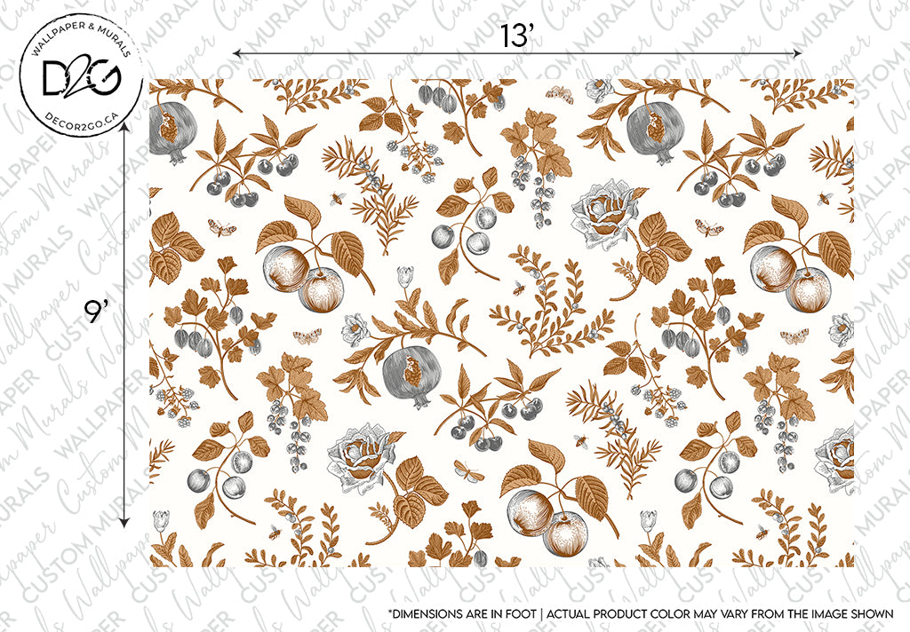 Seamless pattern featuring a variety of autumn botanical illustrations including leaves, berries, and flowers in orange and gray tones on a white background from the Decor2Go Wallpaper Mural brand, with a logo at the top left corner.