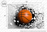 A basketball breaking through a white, cracked surface, simulating a 3D effect, with fragments flying outward, displayed as a striking, dynamic Decor2Go Wallpaper Mural.