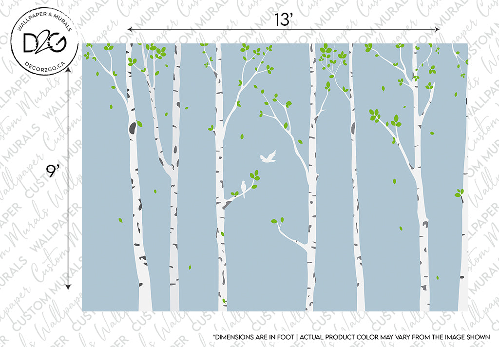 Illustrative kids' Birch Trees and Birds Wallpaper Mural design from Decor2Go Wallpaper Mural featuring a stylized birch forest with slender white trunks, black markings, and sparse green leaves, with a small bird in flight.