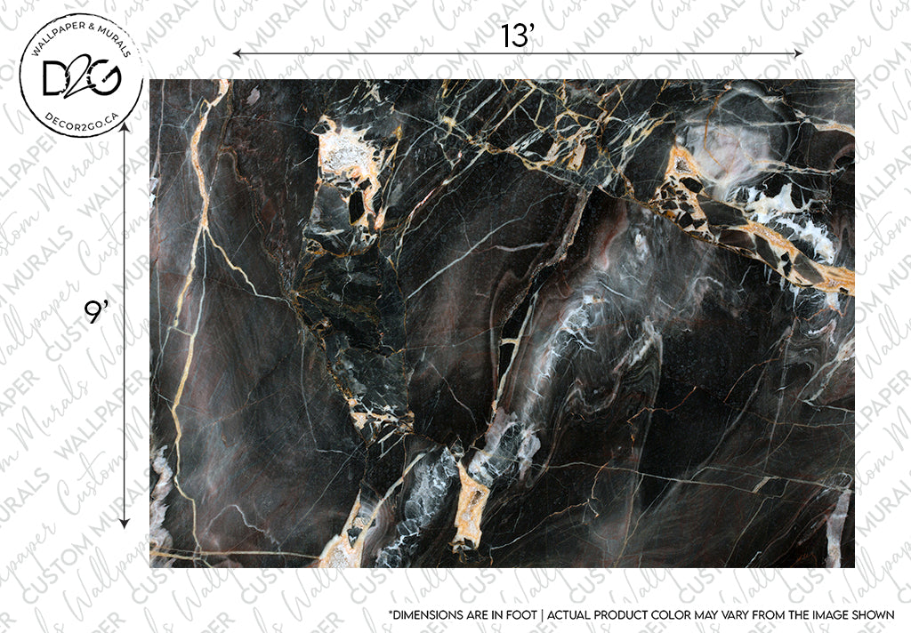 A high-resolution image of a black and gold marble slab with intricate white and golden veins, with a label indicating "Decor2Go Wallpaper Mural" and measurements provided. Note on potential color variation included.