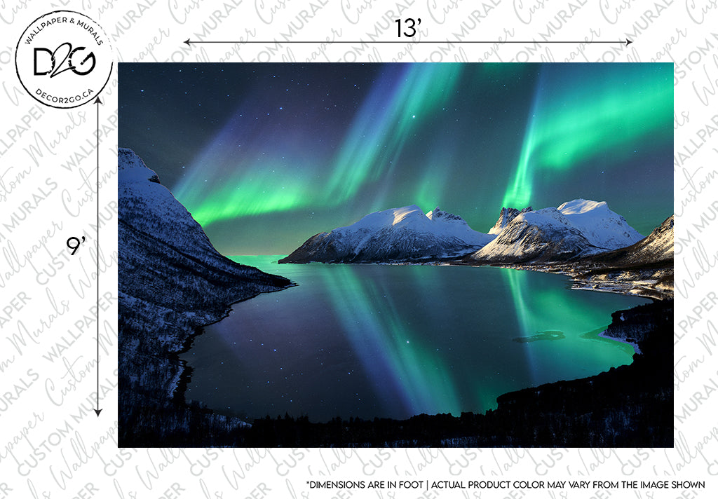A stunning display of northern lights (Aurora Borealis) shimmering above a tranquil snowy mountainous landscape reflected in a calm lake, under a starry sky. This serene landscape serves as Decor2Go Wallpaper Mural.