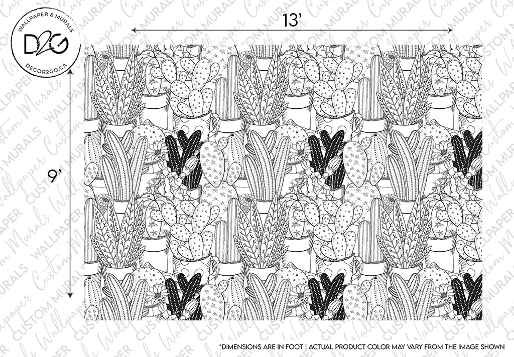 Black and white line drawing featuring a symmetric pattern of various cactus plants with intricate details, intended for a Cactus Clan Wallpaper Mural by Decor2Go Wallpaper Mural, as indicated by measurement markers on the top and bottom.