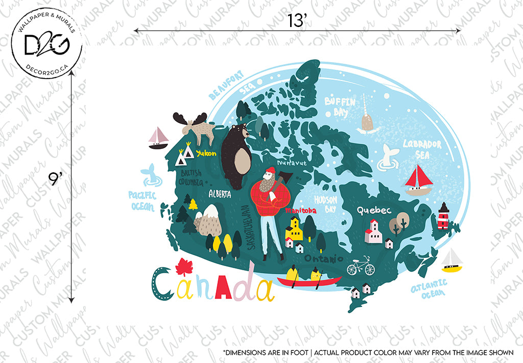 Illustrated Decor2Go Wallpaper Mural of Canada featuring stylized icons representing different regions and landmarks like a bear, mountains, and a maple leaf, along with names of provinces and bodies of water.