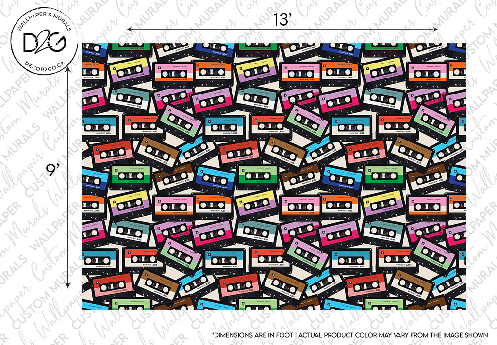 A colorful retro wallpaper featuring an array of assorted cassette tapes in various orientations and multiple colors, reminiscent of retro music storage mediums - Decor2Go Wallpaper Mural's Coloured Cassette Wallpaper Mural.