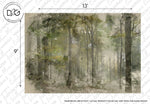 A Deep Forest Wallpaper Mural design depicting a serene forest scene with calming mist and sunlight filtering through dense trees, rendered in a watercolor style with subtle gray and green tones by Decor2Go Wallpaper Mural.
