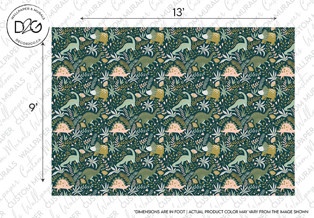 A vibrant graphic design fabric featuring rows of dinosaurs in pale green and beige, interspersed with stylized plants on a dark green background, indicated for use in home decor.
would be changed to:
Decor2Go Wallpaper Mural Dinosaur Wilderness Wallpaper Mural featuring rows of dinosaurs in pale green and beige, interspersed with stylized plants on a dark green background.