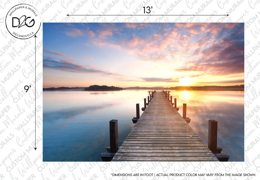 A serene sunset over a calm lake with a wooden pier leading towards the horizon, under a soft, colorful sky reflected in the water. Decor2Go Wallpaper Mural Docked Life wallpaper mural and measurement annotations are overlayed to enhance.