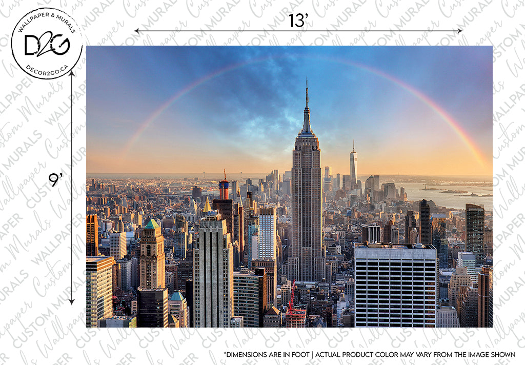 Aerial view of the NYC skyline featuring the Double Rainbow Skyline at sunset, with a full rainbow arching in the sky, by Decor2Go Wallpaper Mural.