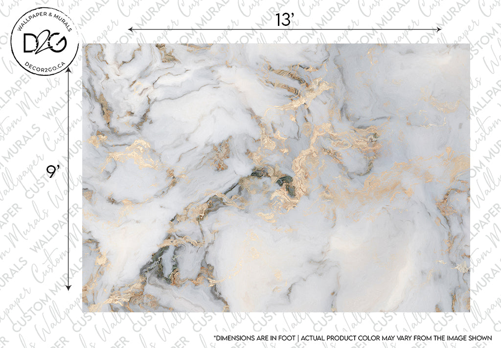A Decor2Go Wallpaper Mural featuring a marble pattern with swirling shades of white and gray, accented with veins of gold. Text and logos assert custom sizing and color disclaimer.