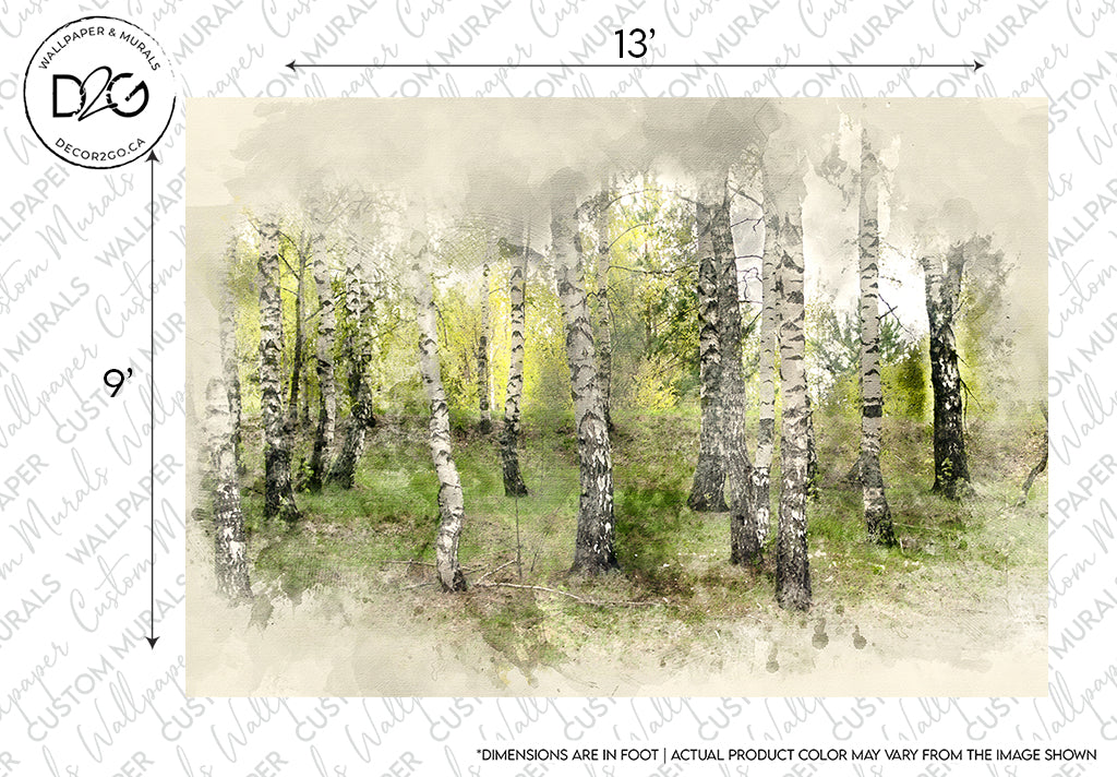 Artistic wallpaper design featuring a serene birch forest in muted colors, with "Decor2Go Wallpaper Mural" branding and technical notes on dimensions and color accuracy along the borders.