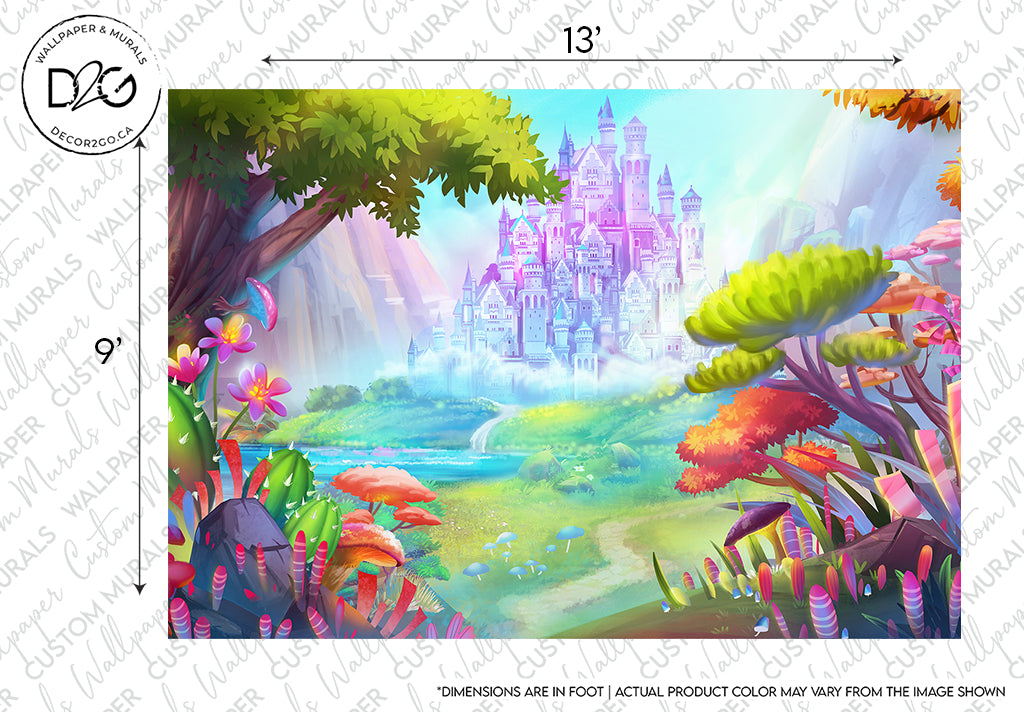 Illustration of a whimsical fantasy landscape featuring a vibrant castle in the distance, surrounded by colorful plants, flowers, and mythical creatures, presented as a Decor2Go Wallpaper Mural design.
