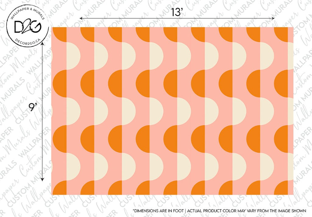 A seamless pattern design featuring alternating rows of orange and white geometric shapes on a pink background, measuring 13 inches in dimensions. The image includes a logo and a disclaimer about Flowing Forms Wallpaper Mural color variation by Decor2Go Wallpaper Mural.