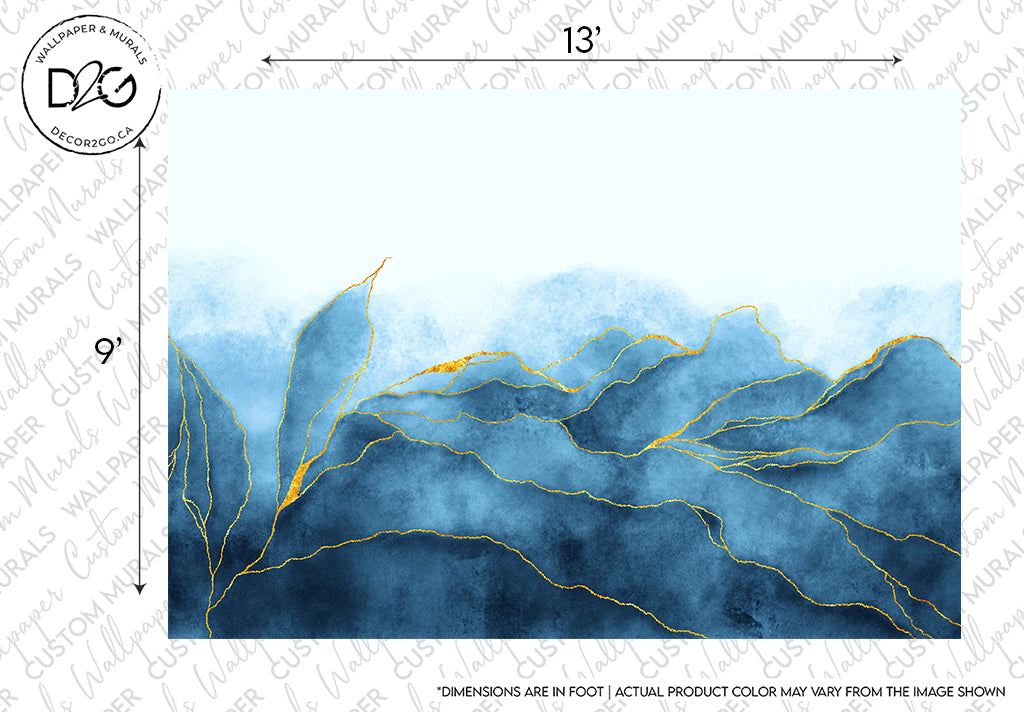 Watercolor painting of abstract blue mountains with gold lines representing ridges, set against a pale blue and white background that mimics a misty sky, offering the cool serenity of an Icy Glacier Wallpaper Mural from Decor2Go Wallpaper Mural.