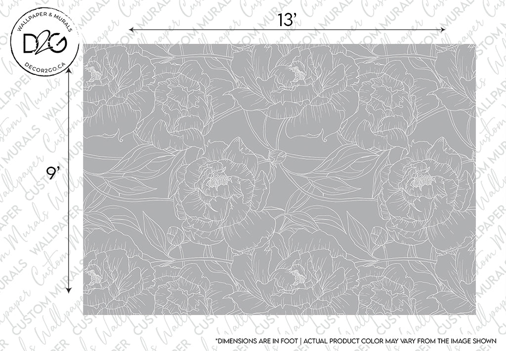 An elegant Decor2Go Wallpaper Mural featuring a Grayscale Peonies Outline design with large, detailed peonies and leaves, with measurements and a logo on the margins, noting that colors may vary in reality.
