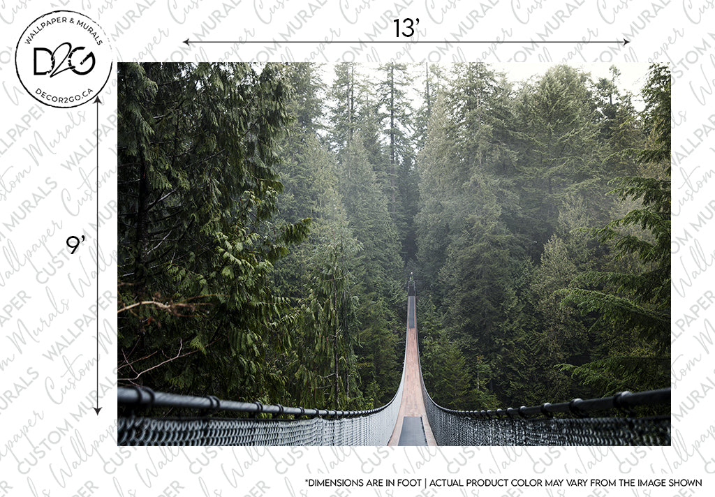 A suspension bridge stretches across a lush forest, perfect for an Into the Woods Wallpaper Mural by Decor2Go Wallpaper Mural. The mural's walkway leads into towering green trees under a foggy sky, viewed from the railing perspective.
