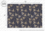 A Japanese Flowers Wallpaper Mural sample by Decor2Go Wallpaper Mural featuring a dark navy background with a repetitive pattern of stylized golden Ginko leaves motifs. The design includes a measurement scale and a logo at the corner, adding a luxurious touch.